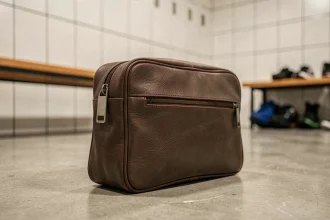 Sac sport en cuir compact posé sur le sol d'un vestiaire moderne avec détails de couture et fermeture éclair en métal brossé