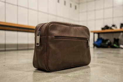 Sac sport en cuir compact posé sur le sol d'un vestiaire moderne avec détails de couture et fermeture éclair en métal brossé