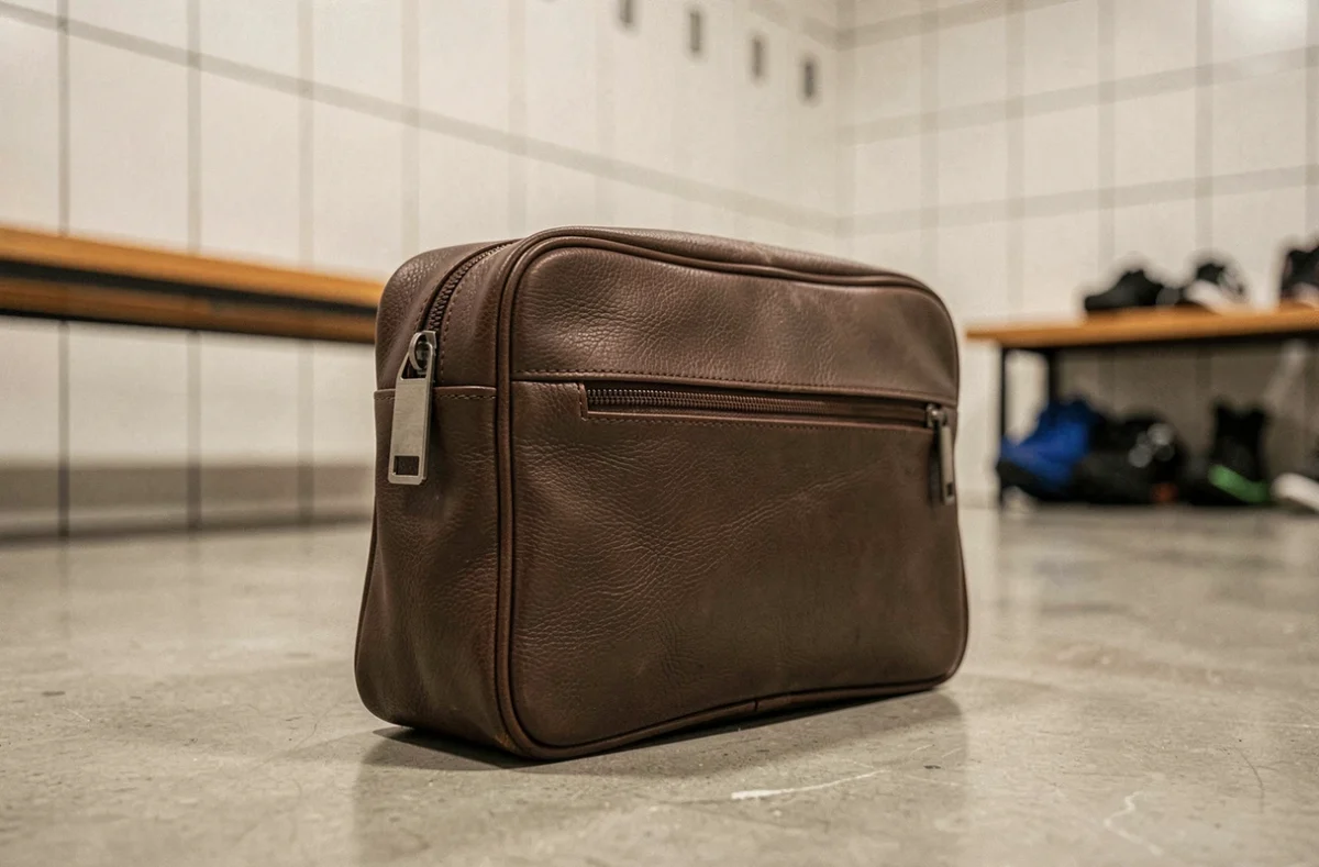 Sac sport en cuir compact posé sur le sol d'un vestiaire moderne avec détails de couture et fermeture éclair en métal brossé