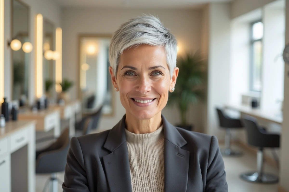 Femme confiante avec coupe pixie dans salon lumineux