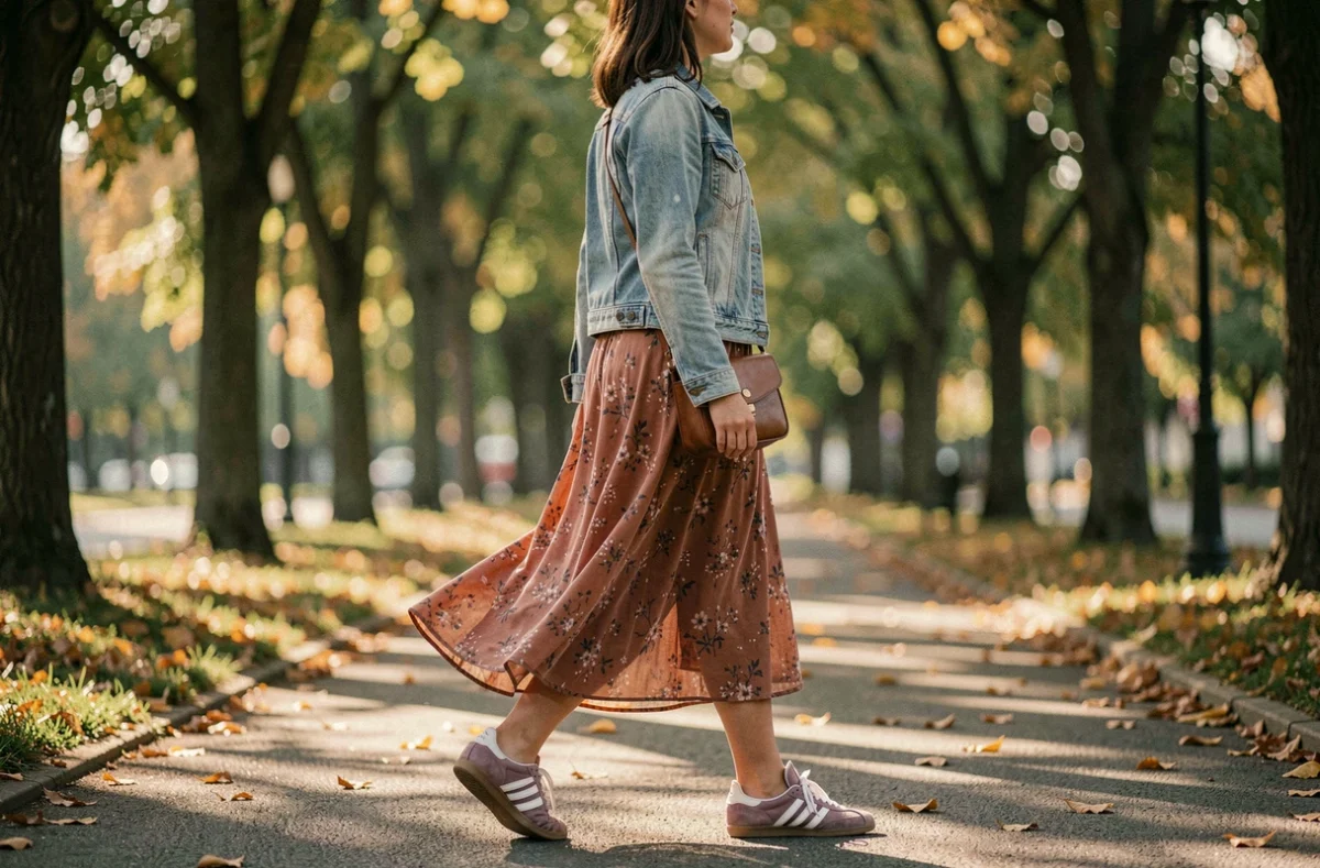 Jeune femme marchant dans un parc en automne avec des Samba Rose mauves, jupe midi florale et veste en jean