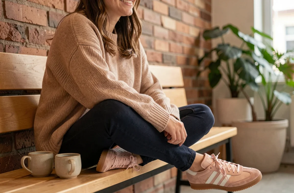 Femme en Samba Rose assise dans un café scandinave minimaliste avec jean slim et pull en laine beige
