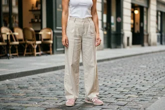 Femme portant des sneakers Samba Rose Adidas roses avec un pantalon en lin large dans une rue pavée européenne