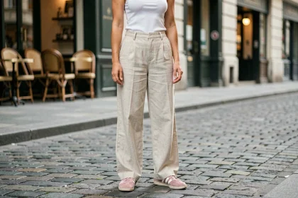 Femme portant des sneakers Samba Rose Adidas roses avec un pantalon en lin large dans une rue pavée européenne