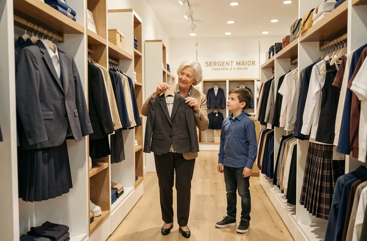 Grand-mère et petit-fils dans la boutique Sergent Major à Metz, examinant une veste enfant parmi des tenues élégantes exposées sur des présentoirs clairs