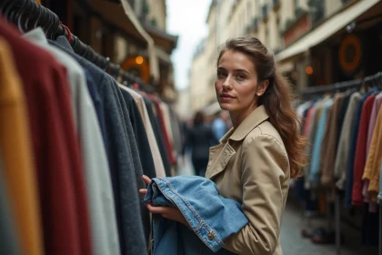 Femme qui fait du shopping dans une friperie de rue parisienne, parcourant des vêtements vintage accrochés à des portants extérieurs dans un quartier authentique de Paris