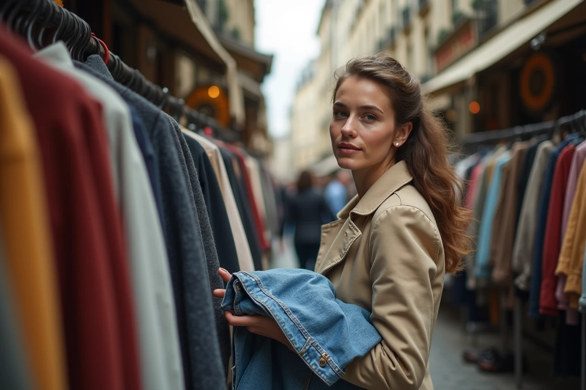Femme qui fait du shopping dans une friperie de rue parisienne, parcourant des vêtements vintage accrochés à des portants extérieurs dans un quartier authentique de Paris
