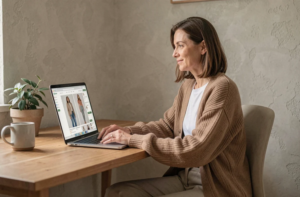 Femme élégante en cardigan oversize consultant le site Kiabi en ligne sur son ordinateur portable depuis un bureau à domicile moderne et épuré