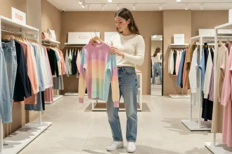 Jeune femme en tenue décontractée tendance 2026 faisant du shopping dans un magasin Kiabi moderne, parcourant les rayons de vêtements colorés