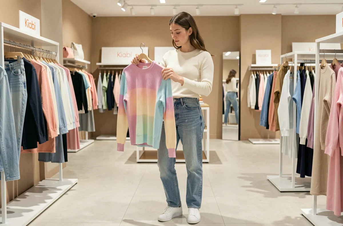Jeune femme en tenue décontractée tendance 2026 faisant du shopping dans un magasin Kiabi moderne, parcourant les rayons de vêtements colorés