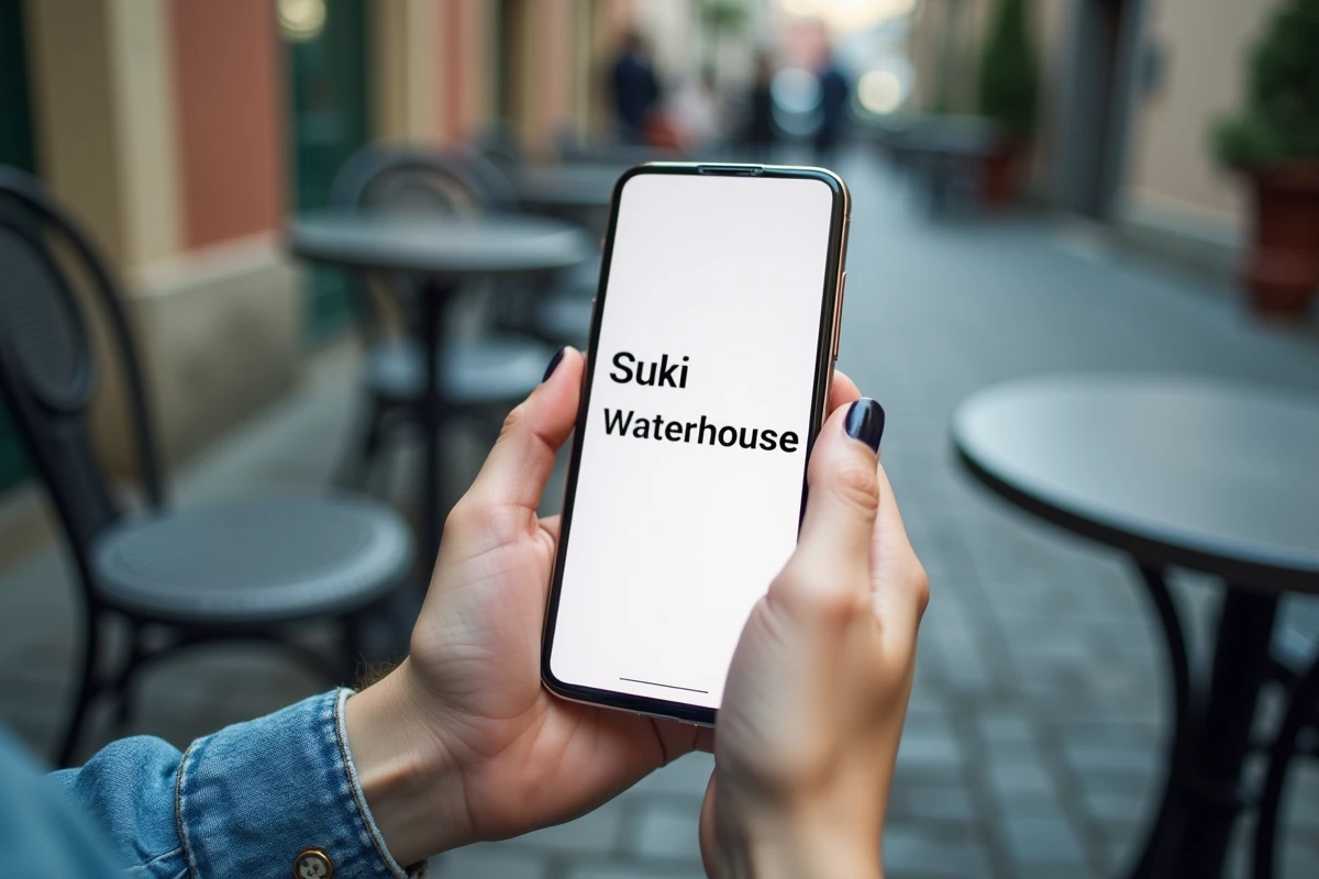 Mains tenant un smartphone affichant le site fan sukiwaterhouse.fr dans un café en extérieur