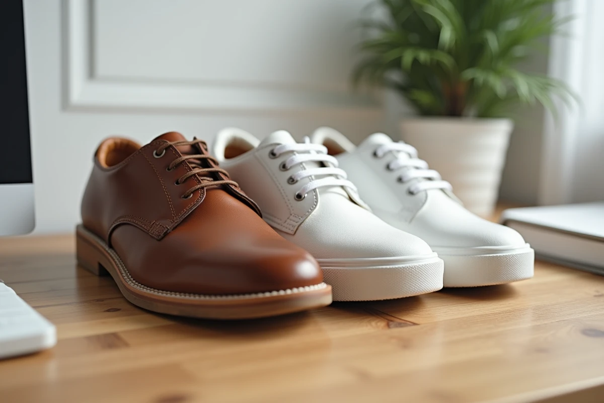 Tableau de conversion des tailles de chaussures UK US et EU posé dans deux chaussures côte à côte sur un bureau en bois