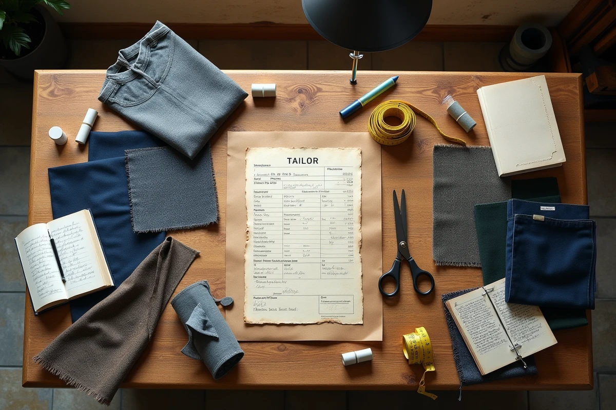Tarifs de couture écrits à la main entourés de tissus, ciseaux et mètre ruban sur une table d'atelier