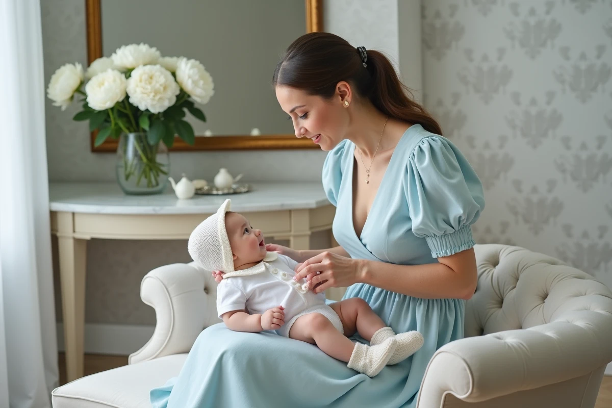 Mère habillant son bébé garçon en tenue de baptême blanche classique avec bonnet et chaussons tricotés dans un décor élégant de loge de préparation