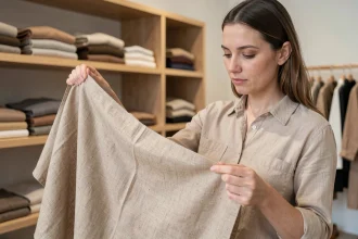 Femme inspectant la qualité du tissu Thehalara avis dans une boutique minimaliste