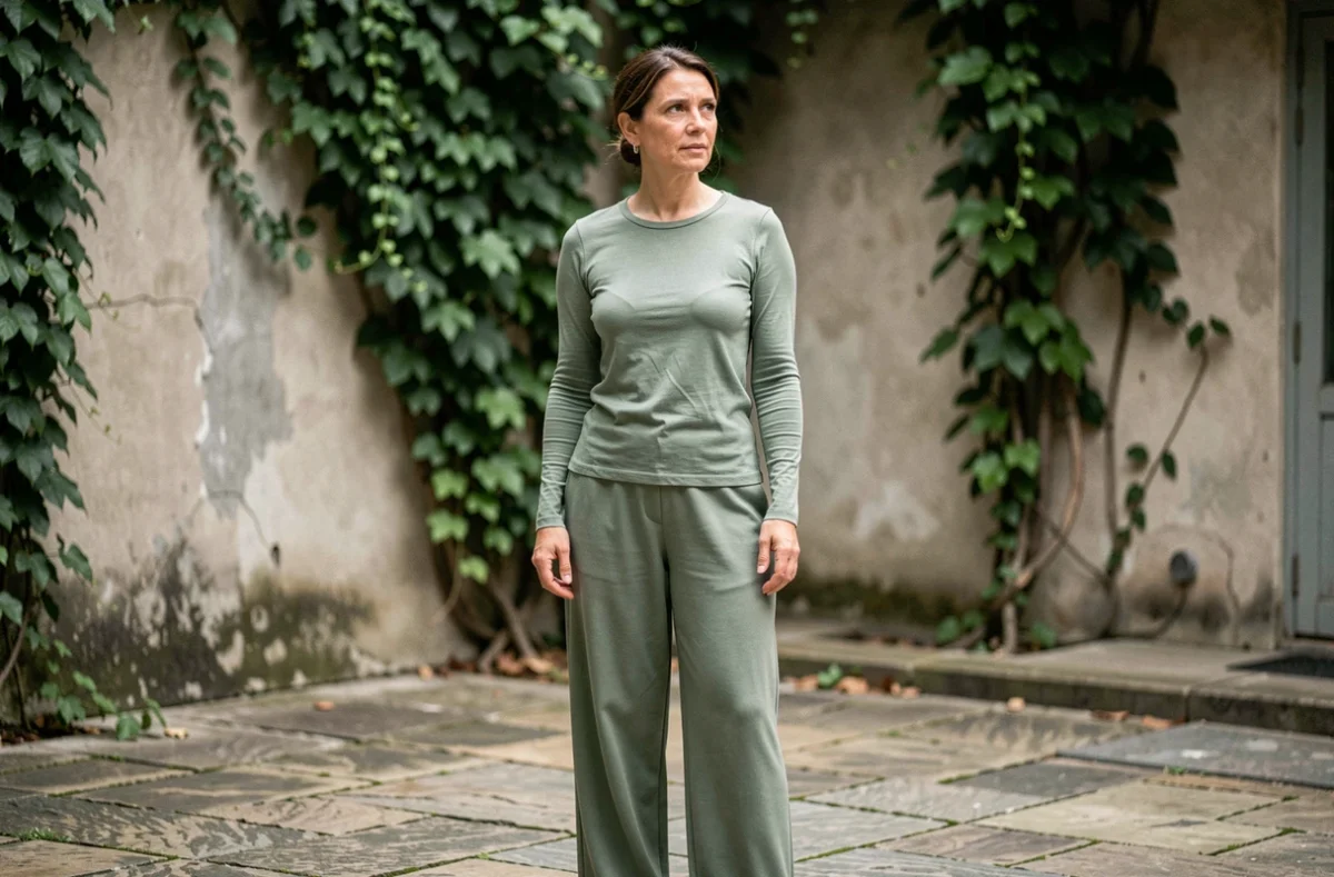 Femme portant une tenue Thehalara éco-responsable en tissu naturel dans une cour urbaine