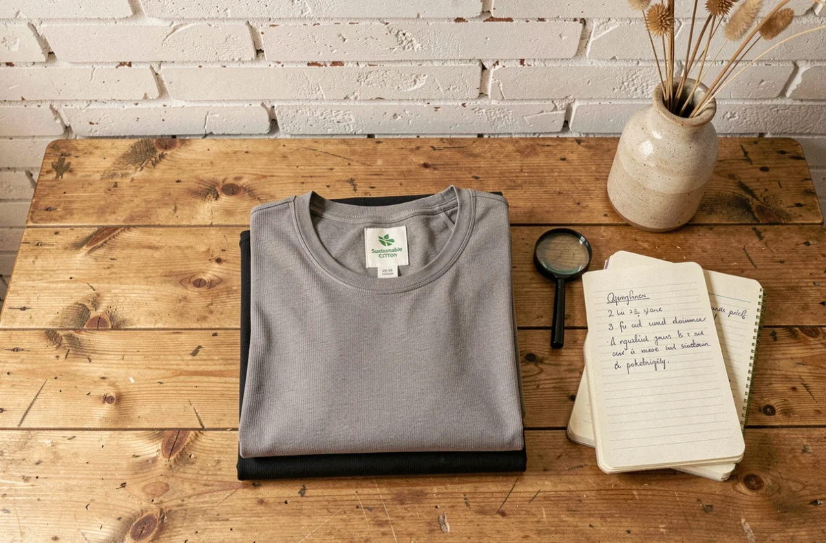 Vêtements Thehalara empilés sur une table en bois avec étiquette durable et notes qualité