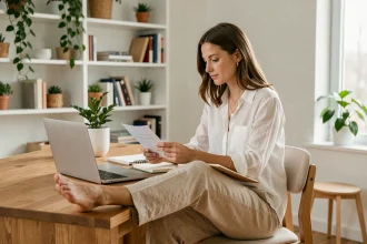 Femme travaillant depuis chez elle avec les pieds posés sur le bureau, illustrant un revenu généré à long terme via la vente de contenu de pieds