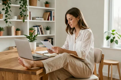 Femme travaillant depuis chez elle avec les pieds posés sur le bureau, illustrant un revenu généré à long terme via la vente de contenu de pieds