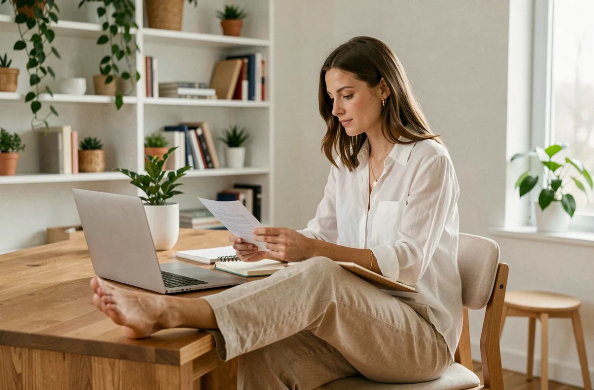 Femme travaillant depuis chez elle avec les pieds posés sur le bureau, illustrant un revenu généré à long terme via la vente de contenu de pieds