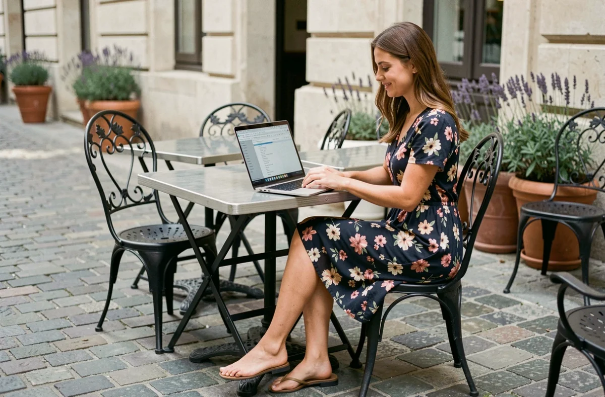 Femme en terrasse de café travaillant sur son activité de vente de contenu de pieds en ligne, illustrant la liberté et la flexibilité d'un revenu numérique durable