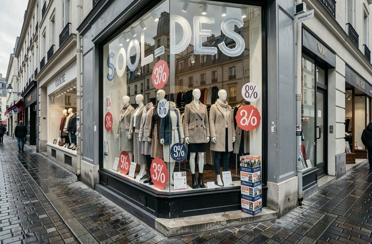 Vitrine d'une boutique française affichant des panneaux de soldes avec des mannequins et des étiquettes de réduction sur une rue pavée